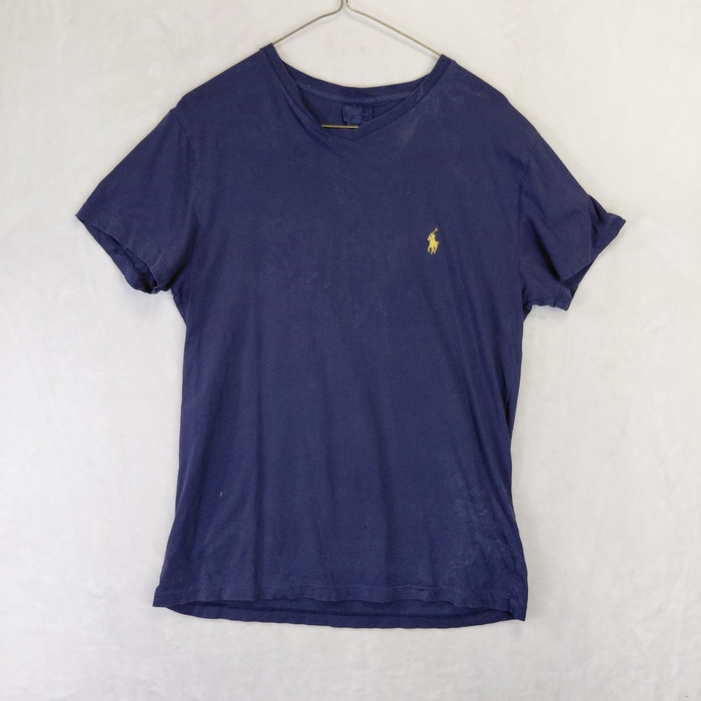 Polo Ralph Lauren Mens V-Neck T-Shirt Navy Blue Yellow Pony Logo Small